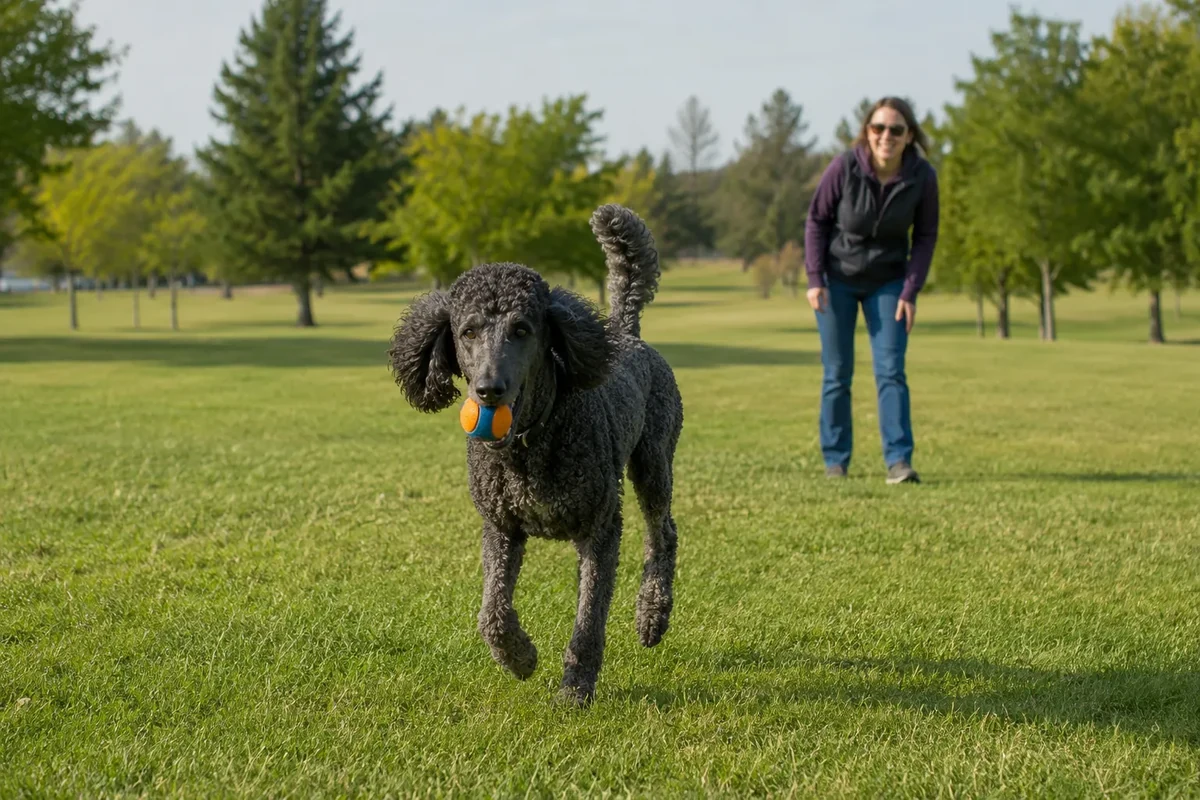 Standard Poodle retrieving a ball outdoors with its owner nearby
