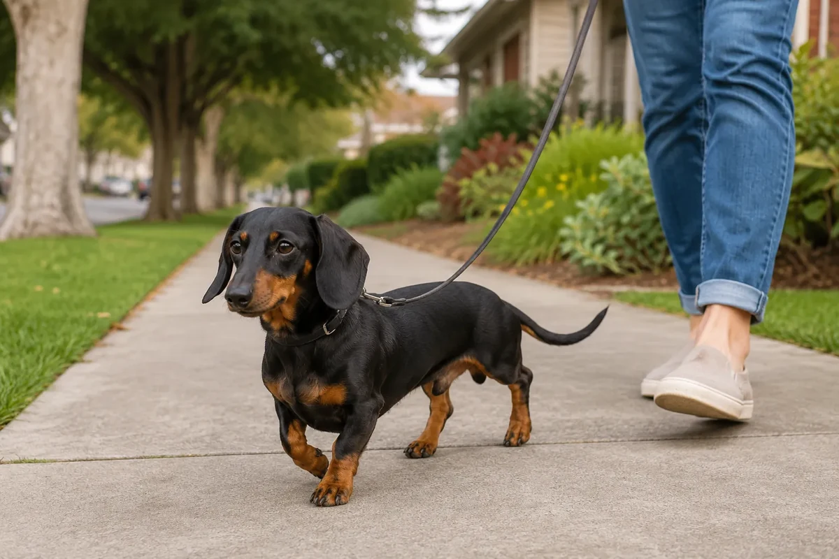 Adult Dachshund walking with its owner in a neighborhood