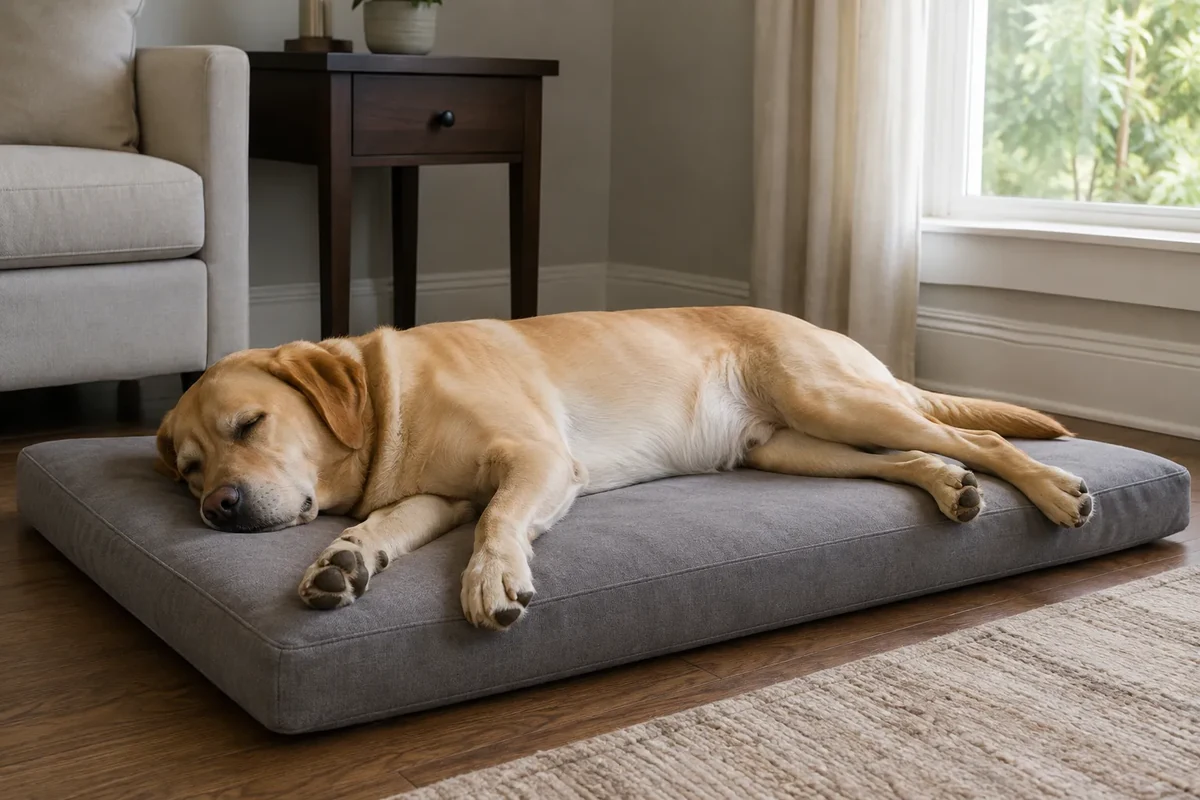 Large dog stretched comfortably on a properly sized dog bed