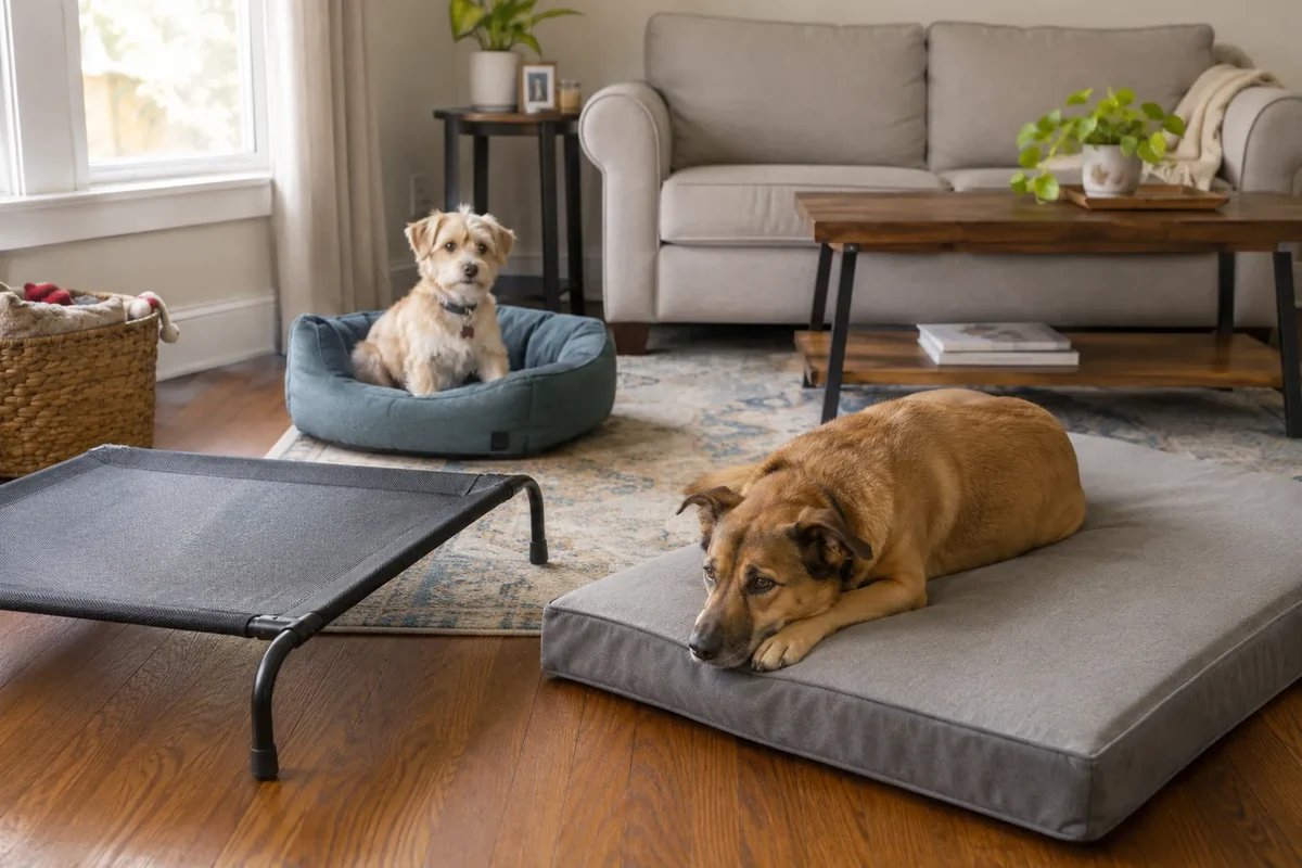 Different styles of dog beds in a living room with two dogs