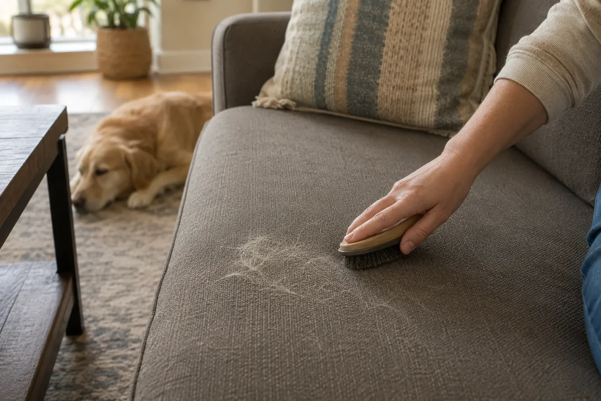 Loose dog hair being removed from tightly woven sofa upholstery