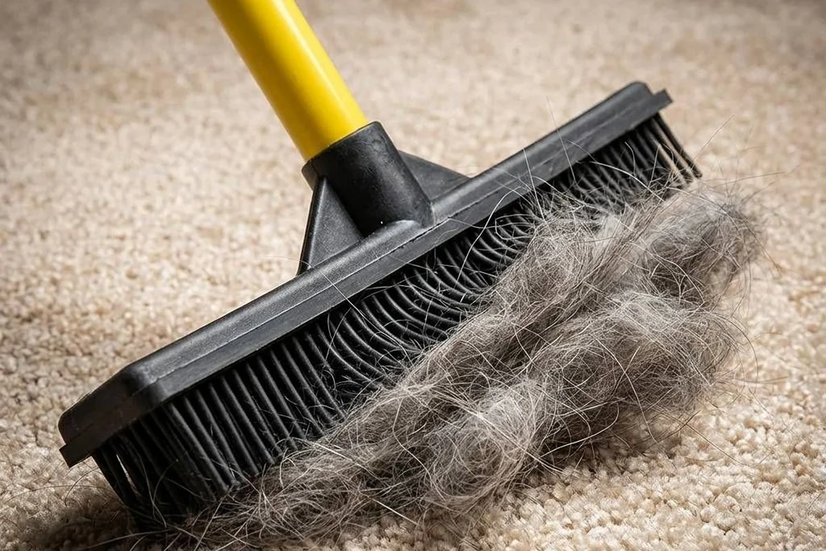 Rubber broom gathering loose pet hair from carpet