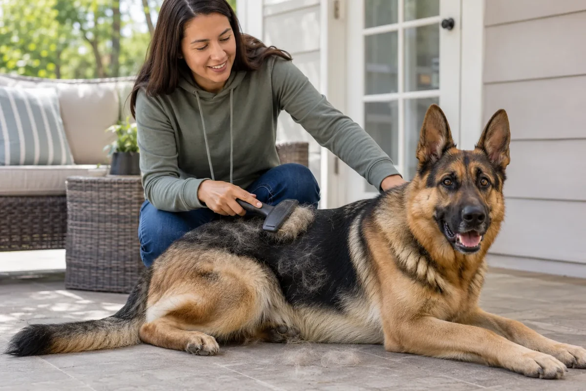 Owner brushing loose undercoat from a German Shepherd