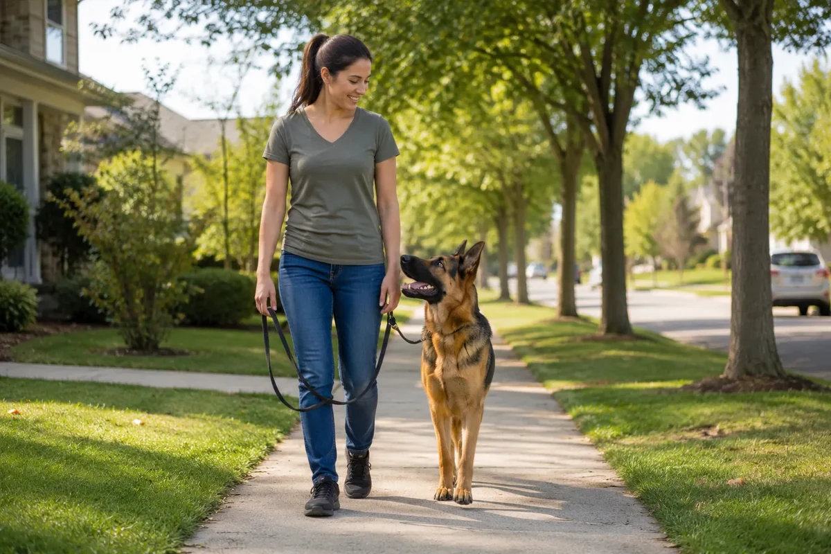 Owner practicing calm loose-leash walking with a German Shepherd