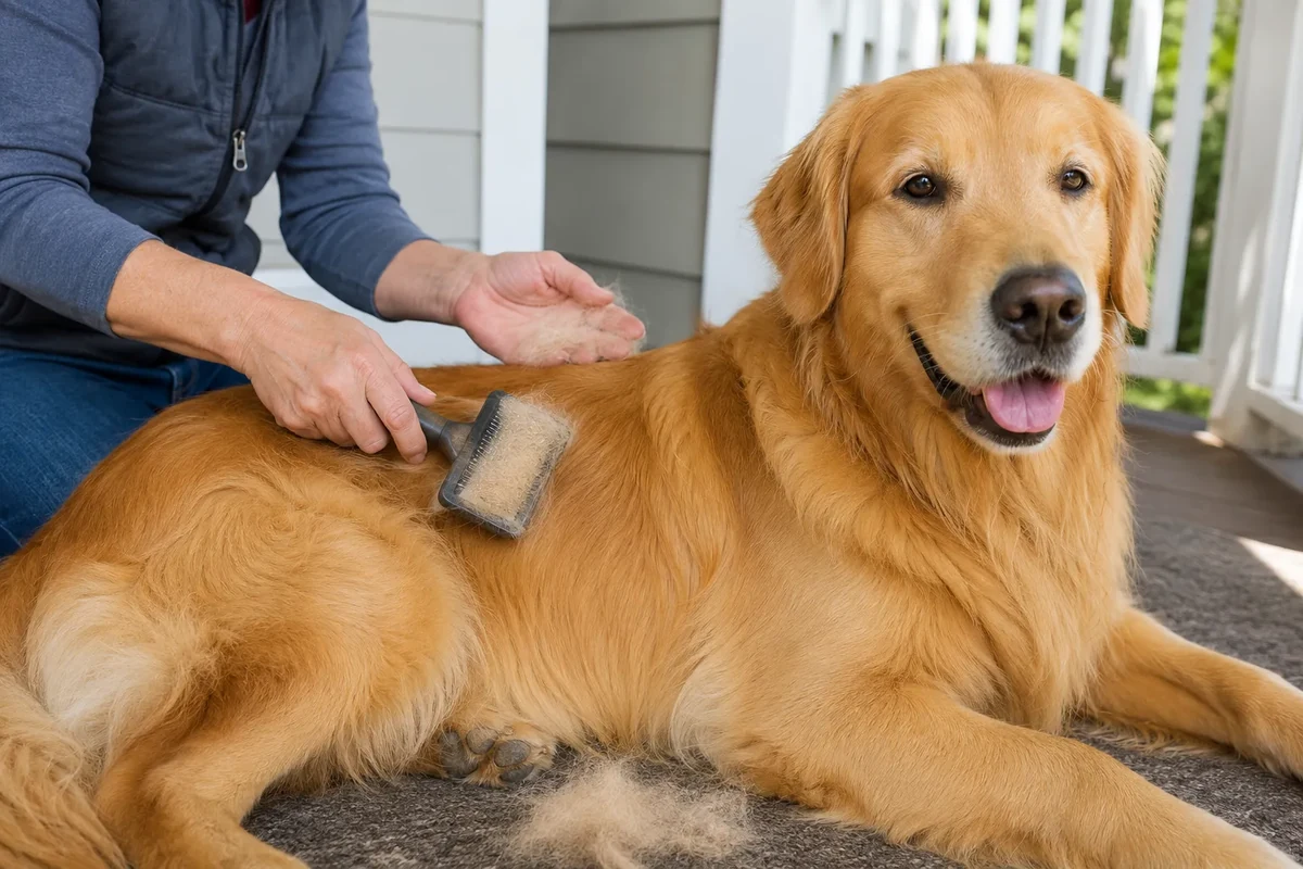 Owner brushing loose undercoat from a Golden Retriever