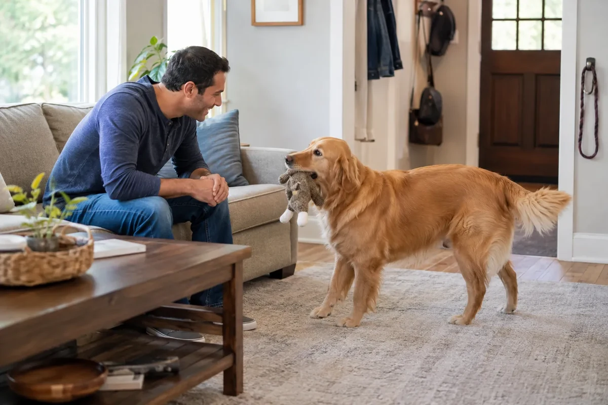 Golden Retriever at home with its owner