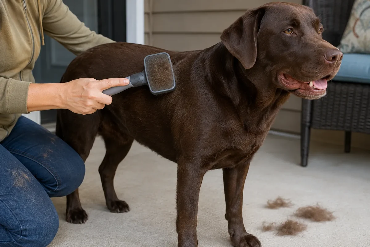 Owner brushing loose hair from a Labrador Retriever's short double coat