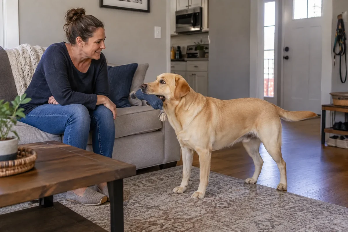 Labrador Retriever at home with its owner