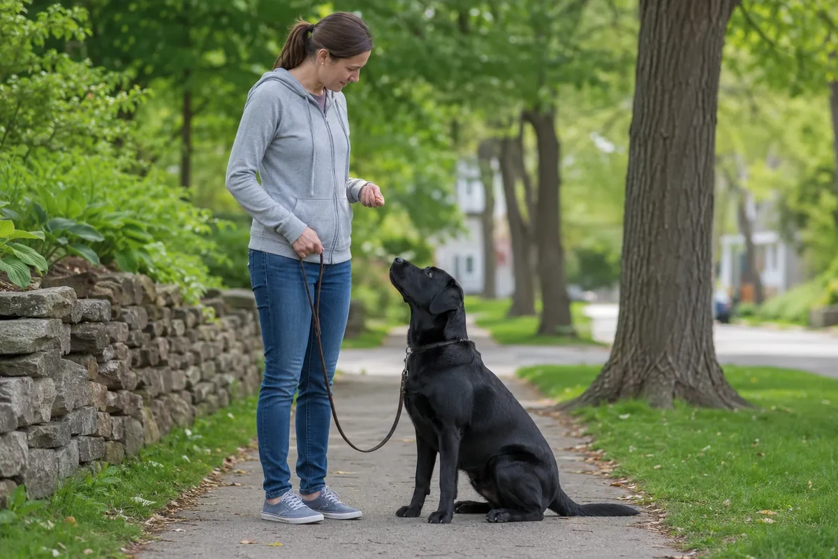 Owner training a Labrador Retriever with a small food reward