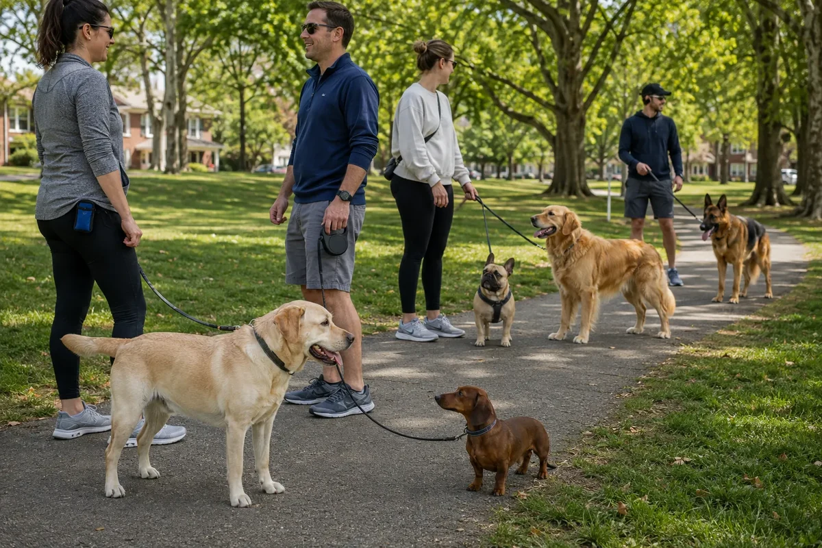 Five popular dog breeds with their owners in a neighborhood park