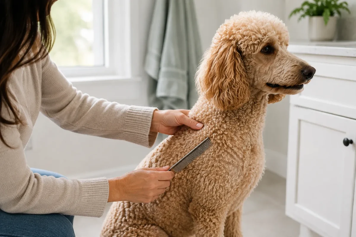 Owner gently combing a Poodle's curly coat at home