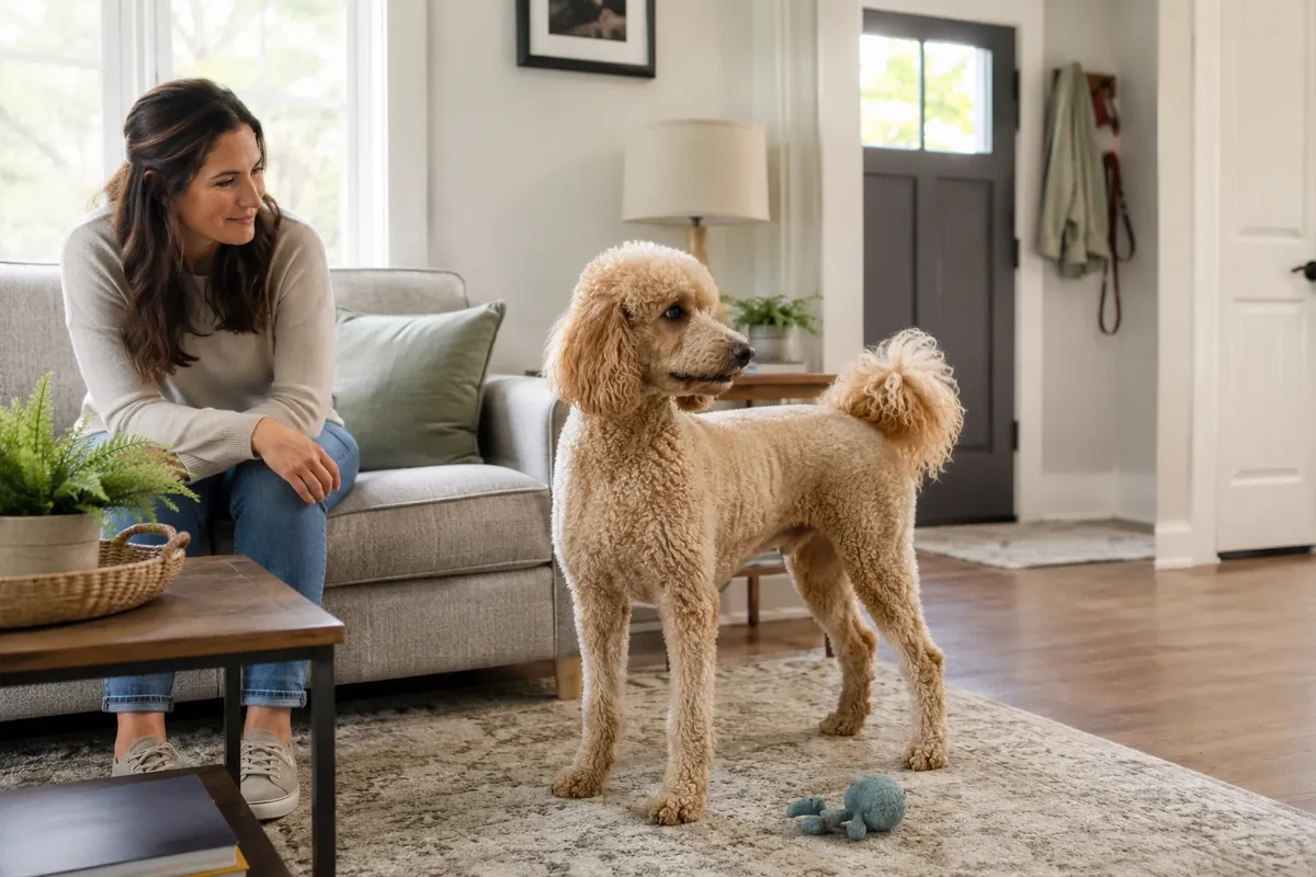 Standard Poodle at home with its owner