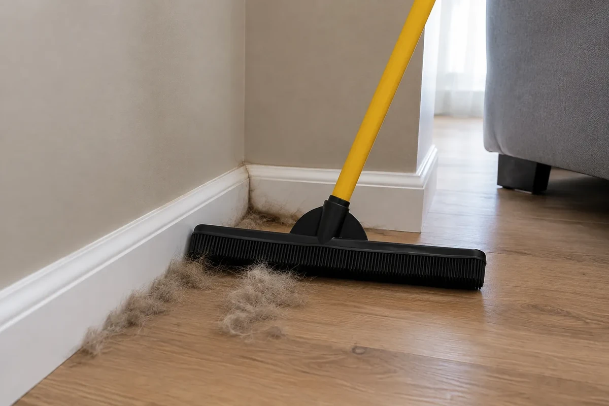 Rubber broom gathering pet hair along a baseboard and room corner