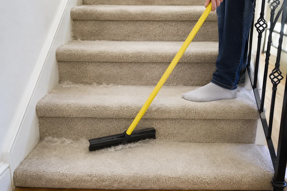 Rubber broom gathering pet hair from carpeted stairs