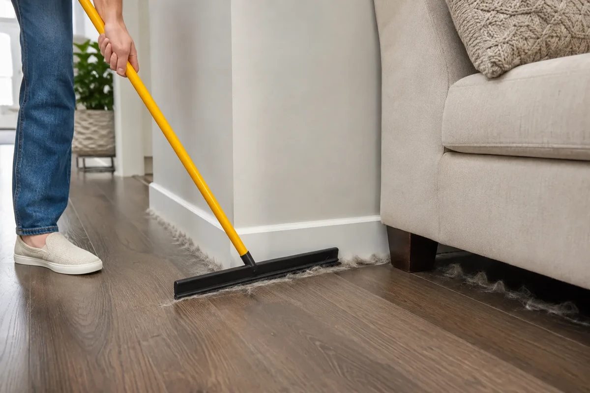 Long-handled rubber broom gathering pet hair along a baseboard beside a sofa