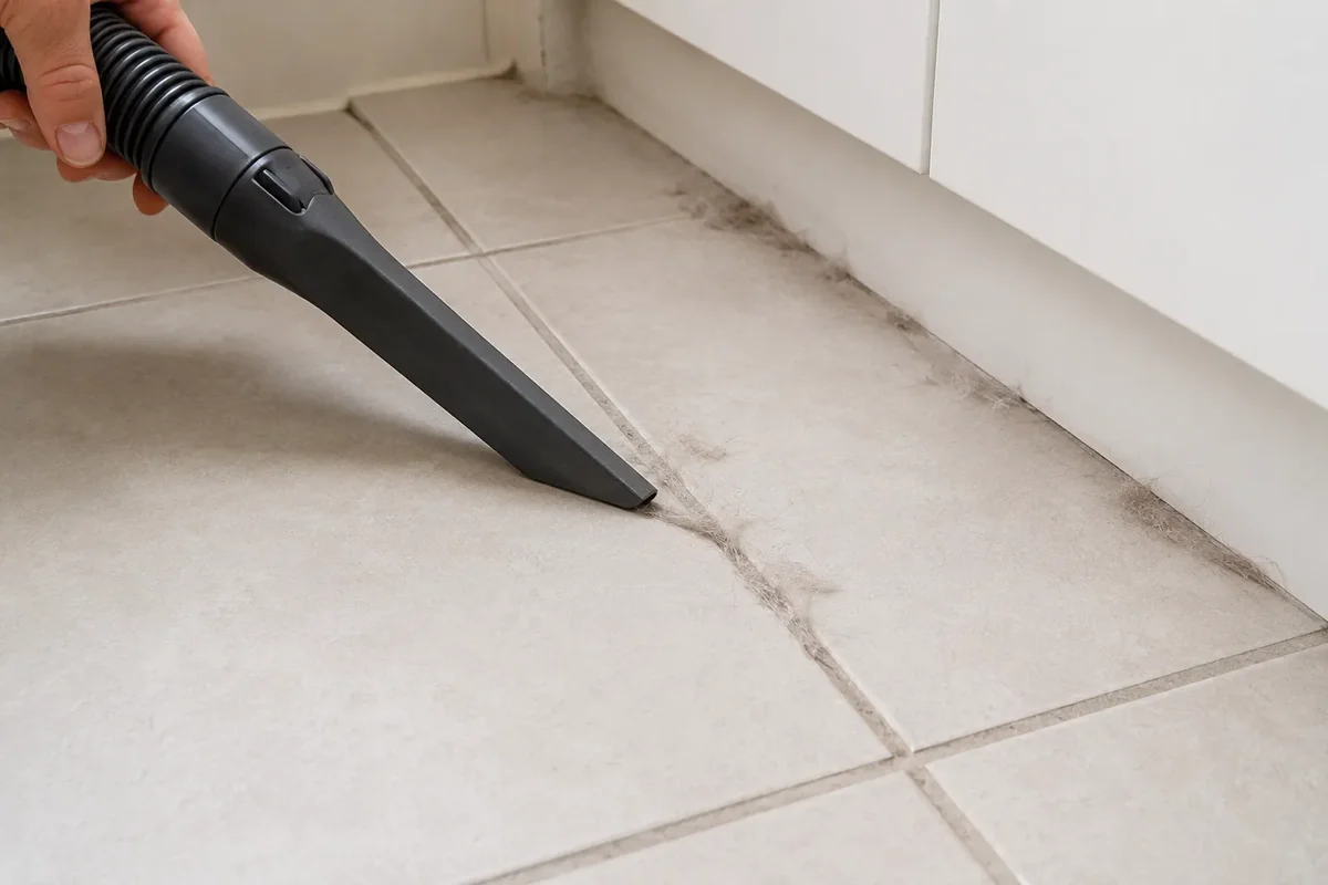 Vacuum crevice attachment removing pet hair from tile grout lines and a cabinet edge