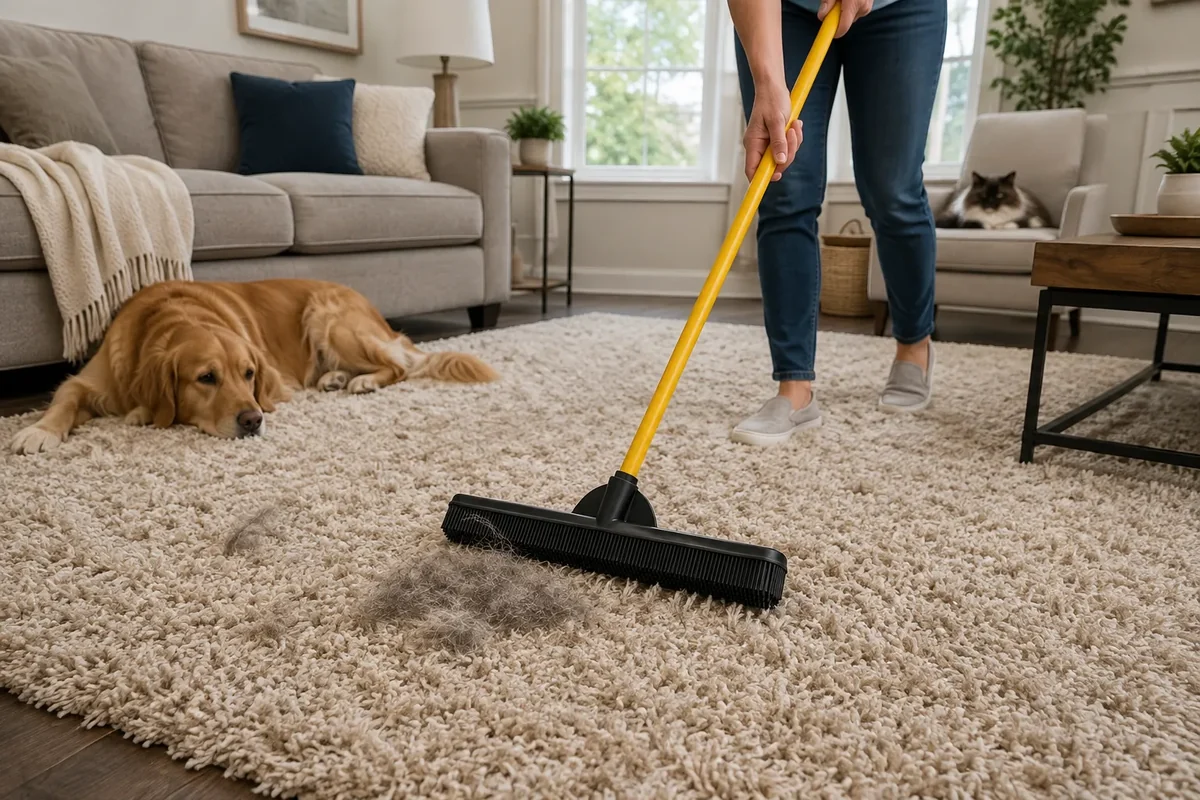 Removing loose pet hair from a high-pile shag rug with a rubber broom