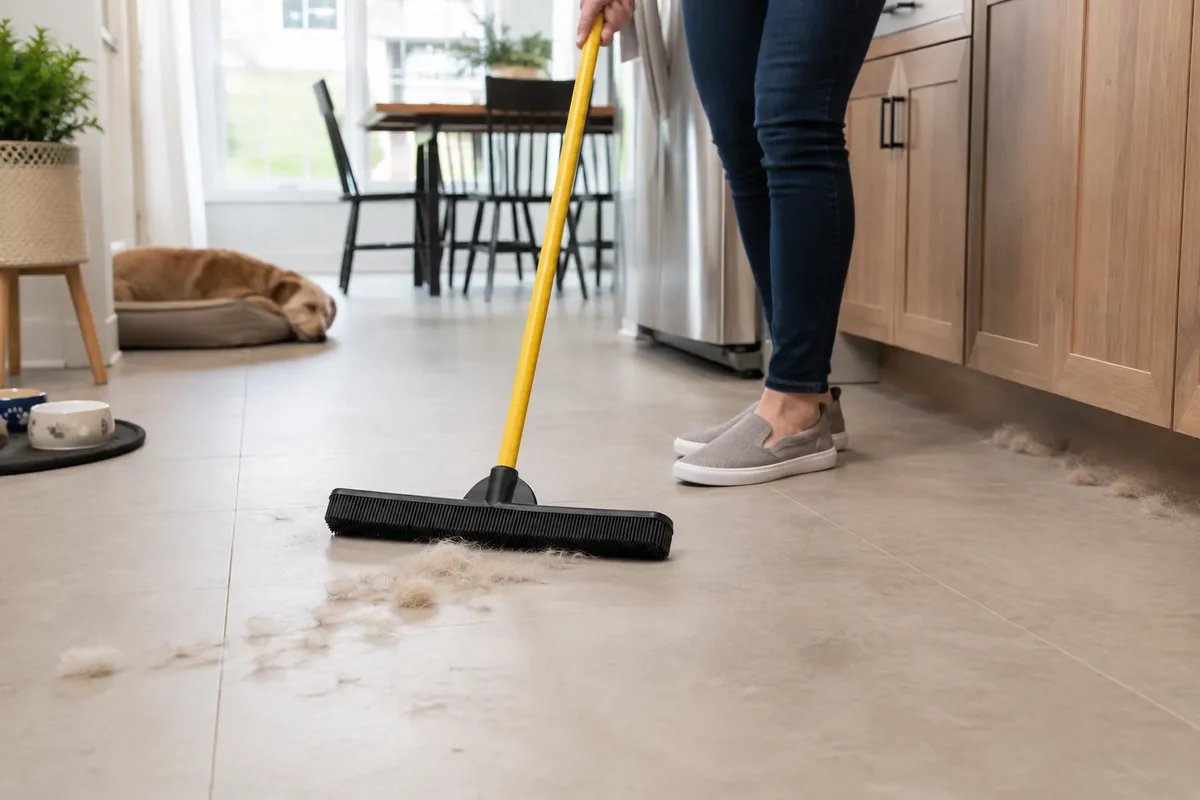 Rubber broom gathering loose pet hair from a tiled kitchen floor