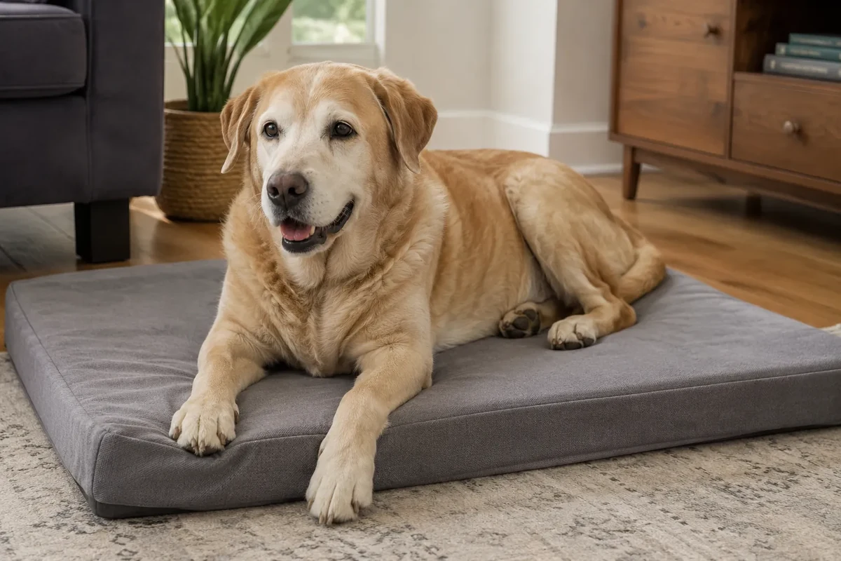 Senior dog resting on a low supportive foam bed