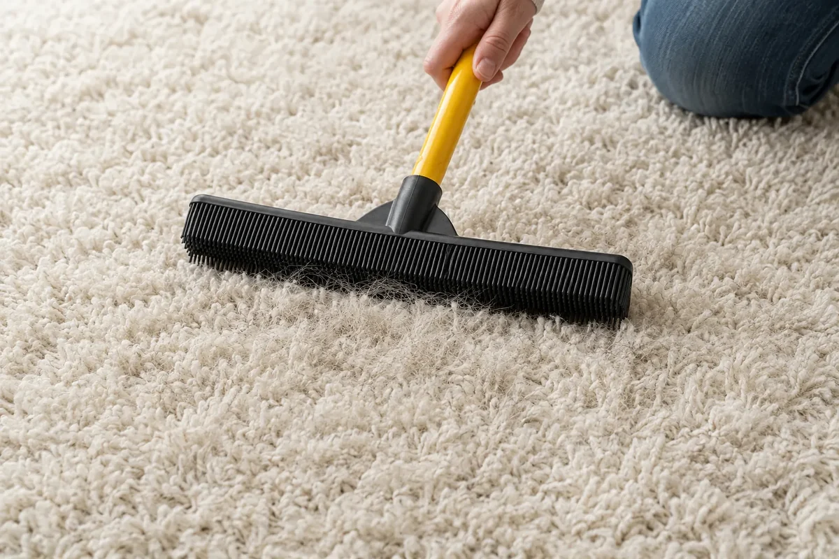 Testing a rubber pet-hair broom gently on a small section of a high-pile shag rug