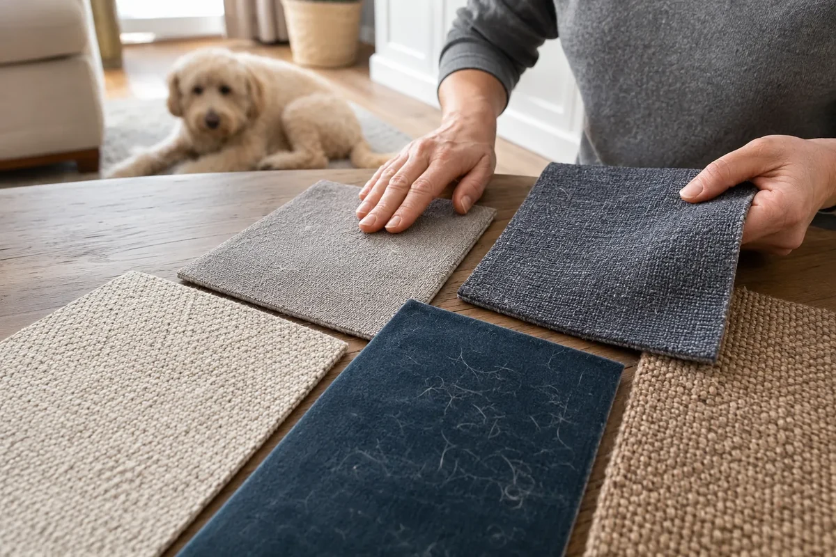 Person comparing upholstery fabric samples with loose dog hair