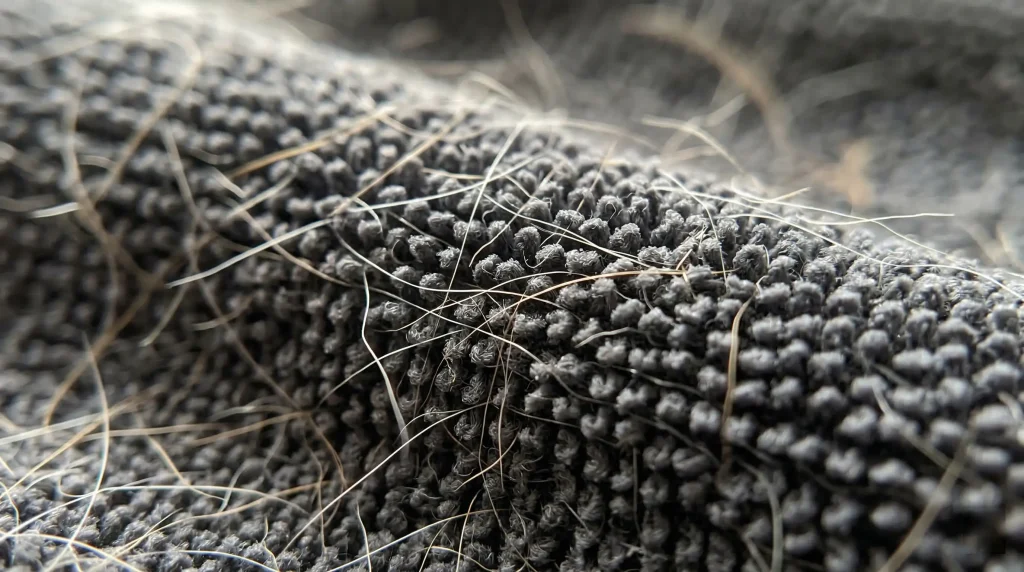 Pet hair caught in textured upholstery